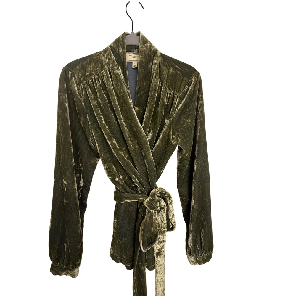 Moulinette Soeurs Anthropologie Olive Green Crushed Velvet Wrap Top Small